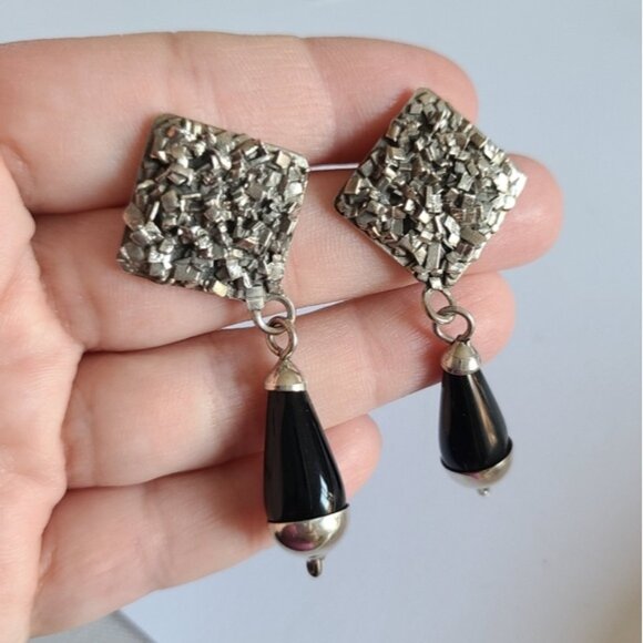 Vintage Taxco Sterling Silver Western Chunky Black Onyx Drop Dangle Earrings - Picture 2 of 10